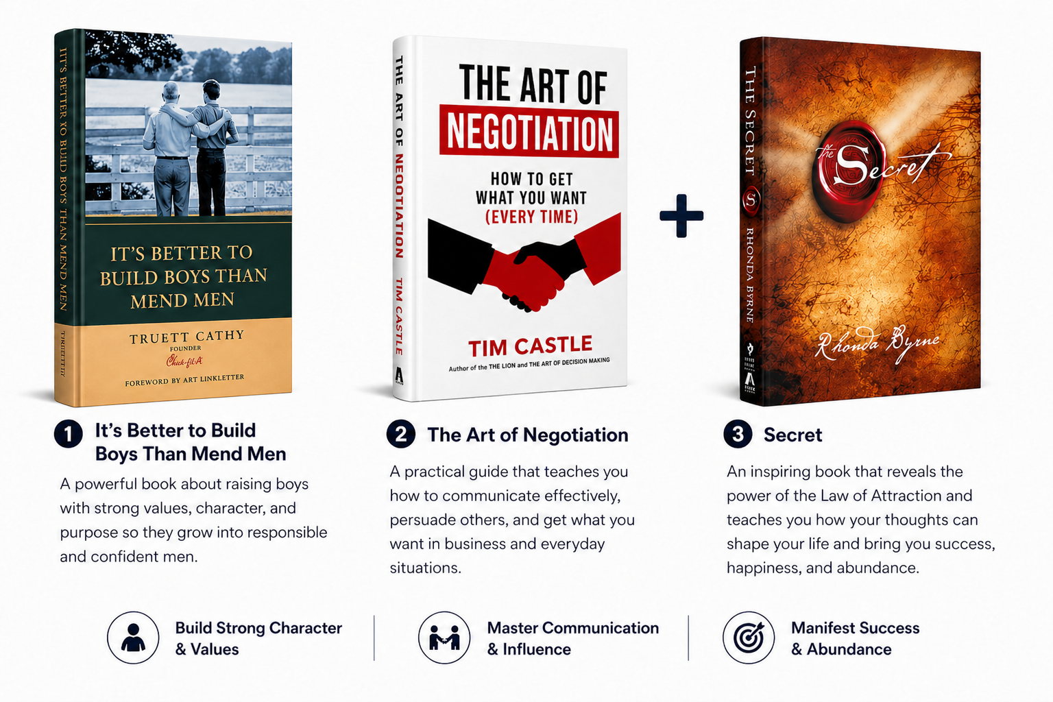 3 Books Buy 2 get+ 1 Free It's Better to Build Boys Than Mend Men – Truett Cathy. , The Art of Negotiation – Tim Castle + 3The Secret – Rhonda Byrne