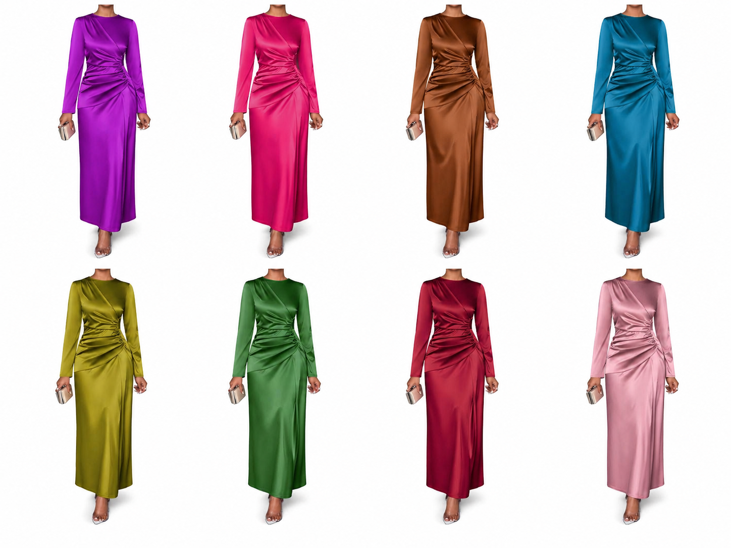 Elegant long-sleeve satin maxi dresses designed
